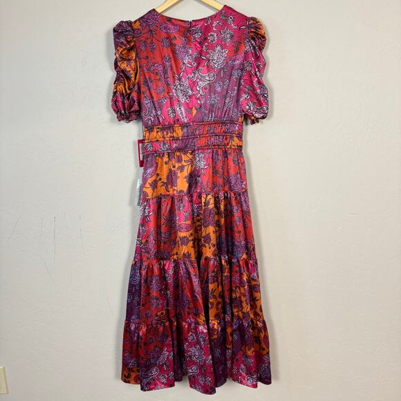 Vince Camuto NWT Women's Size 6 Paisley Puff Sleeve Satin Midi Dress Boho $168 - Picture 3 of 13